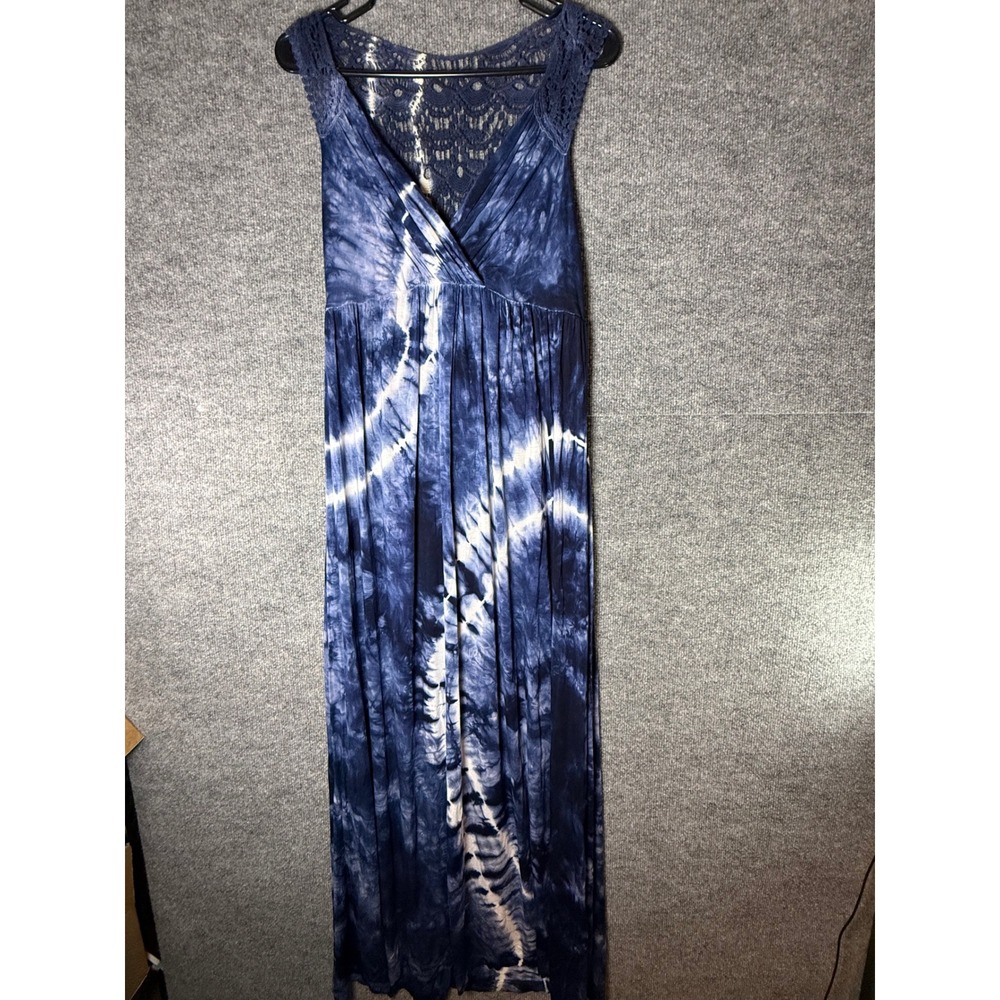 AB Studio Womens XL Blue Tie Dye Crochet Lace Back V-Neck Sleeveless Maxi Dress